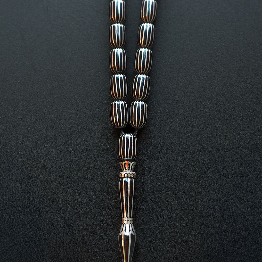 Genuine Oltu Stone 16-Cut Design with Sterling Silver Hand-Engraved Imam Bead & Special Tassel - WATD029