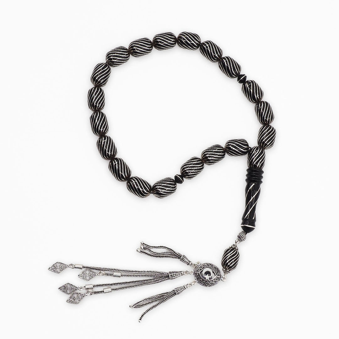 Mastercrafted Genuine Oltu Stone Tasbeeh with Silver Inlay, Silver Imam Bead &amp; Tassel - WATD1074