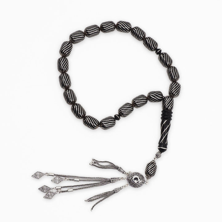 Mastercrafted Genuine Oltu Stone Tasbeeh with Silver Inlay, Silver Imam Bead &amp; Tassel - WATD1074