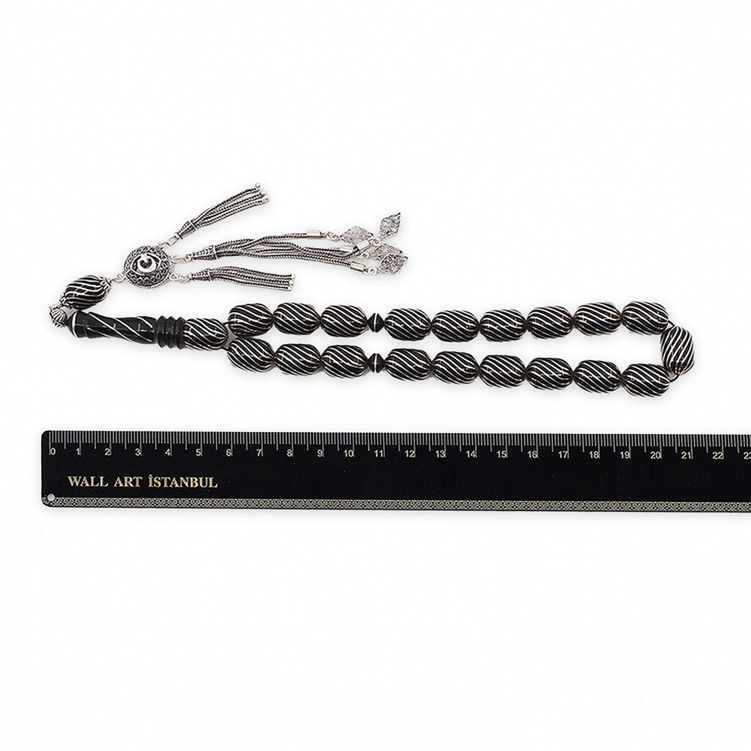 Mastercrafted Genuine Oltu Stone Tasbeeh with Silver Inlay, Silver Imam Bead &amp; Tassel - WATD1074