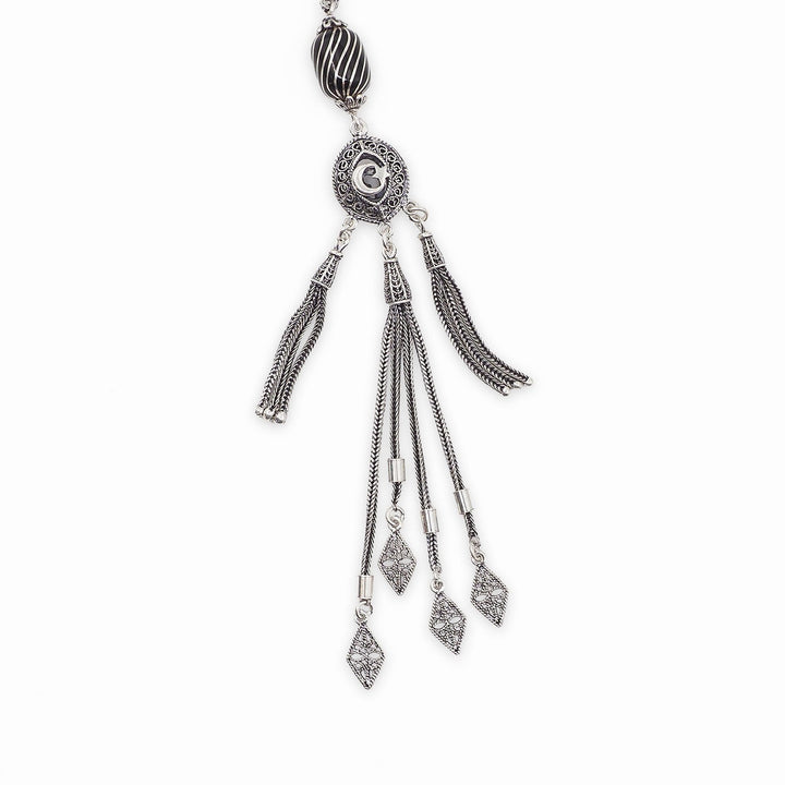Mastercrafted Genuine Oltu Stone Tasbeeh with Silver Inlay, Silver Imam Bead &amp; Tassel - WATD1074