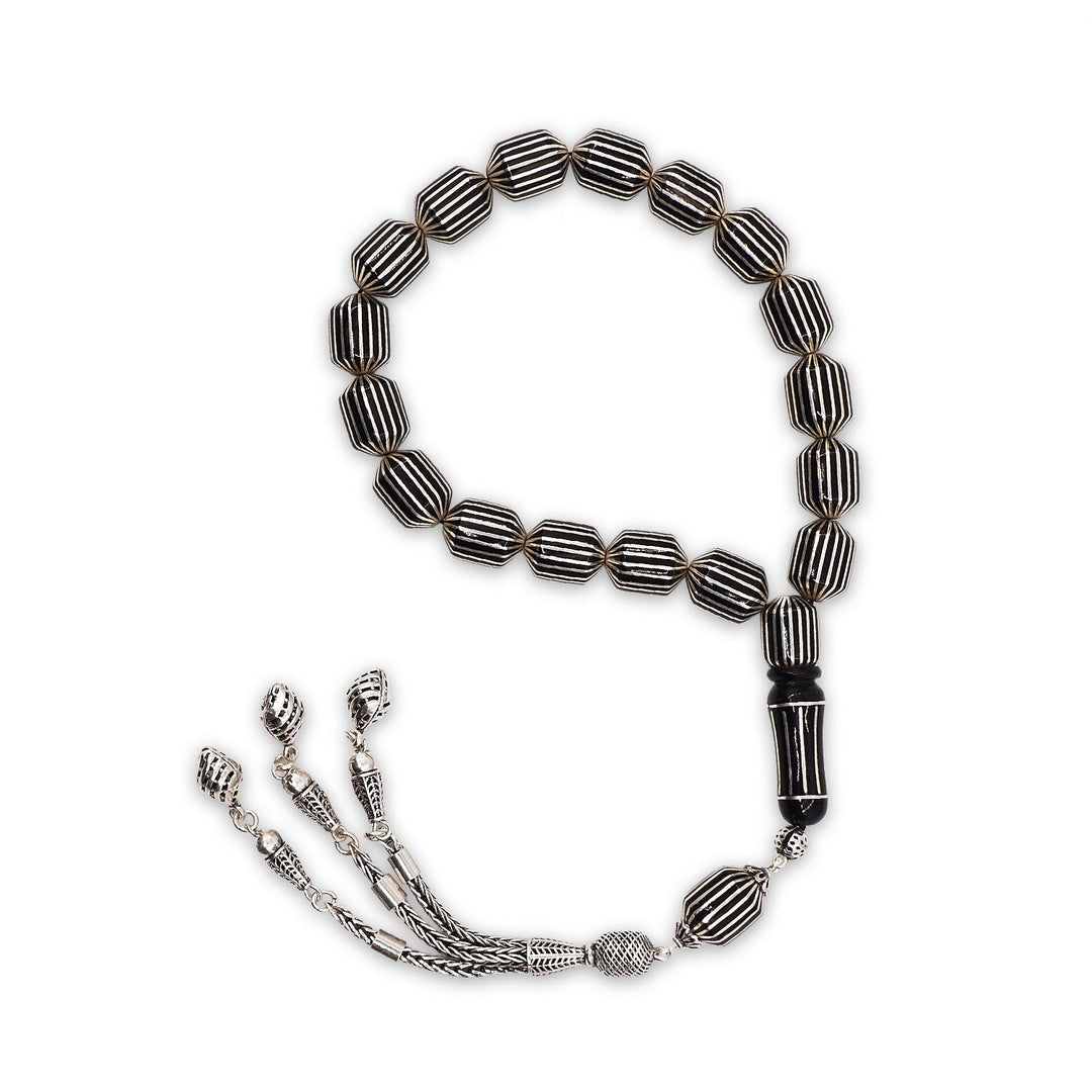 Mastercrafted Genuine Oltu Stone Tasbeeh with Silver Inlay, Silver Imam Bead &amp; Tassel - WATD1075