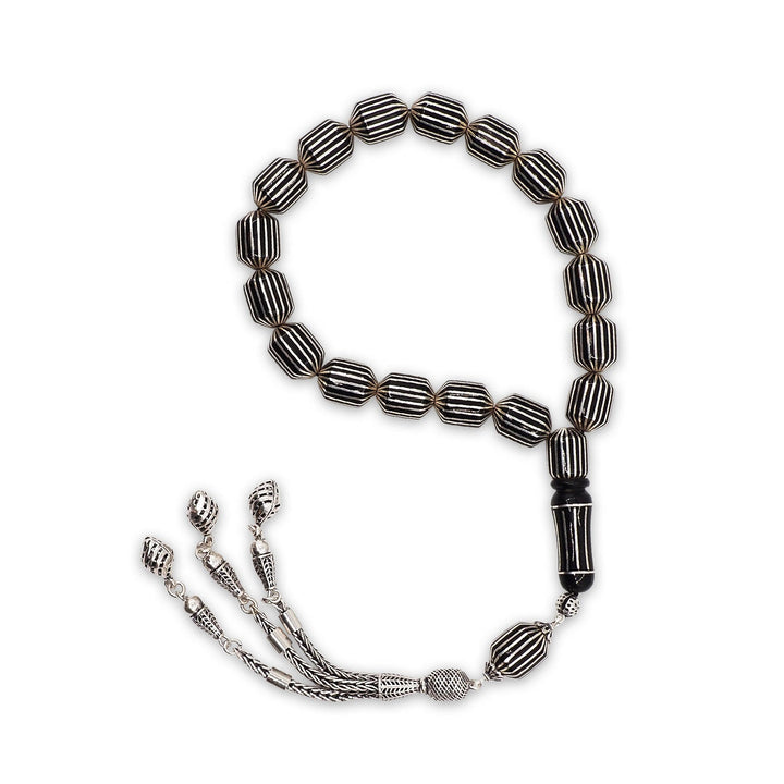 Mastercrafted Genuine Oltu Stone Tasbeeh with Silver Inlay, Silver Imam Bead &amp; Tassel - WATD1075
