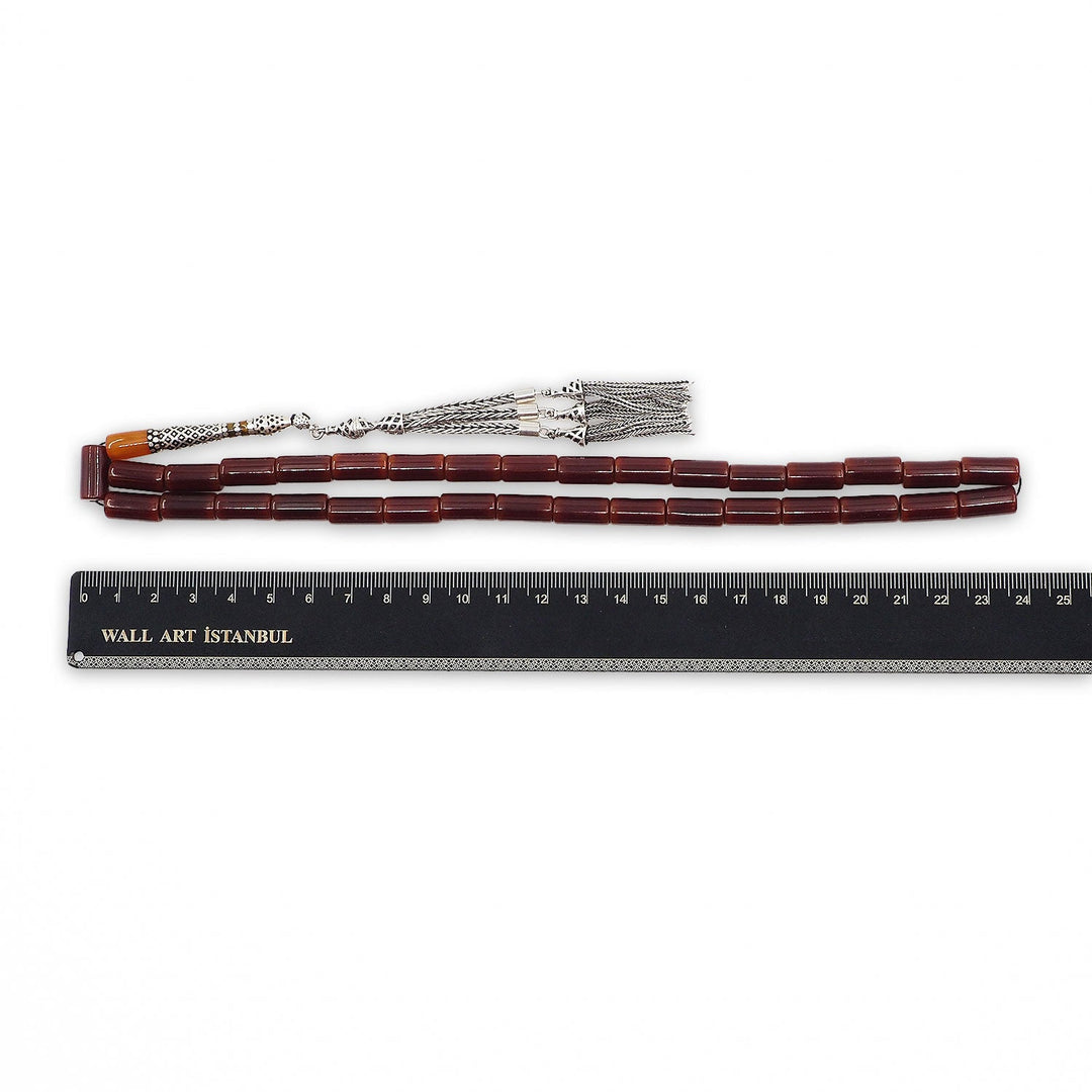 Mastercrafted Pressed Amber Tasbeeh with Fire Amber Imam Bead and Silver Details Tasbeeh - WATD1077