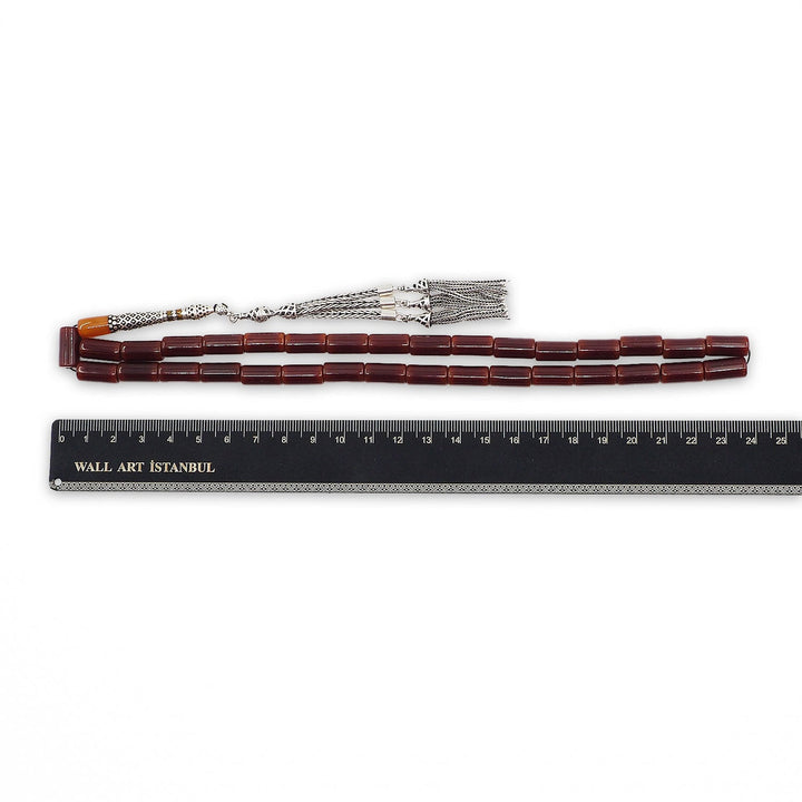 Mastercrafted Pressed Amber Tasbeeh with Fire Amber Imam Bead and Silver Details Tasbeeh - WATD1077