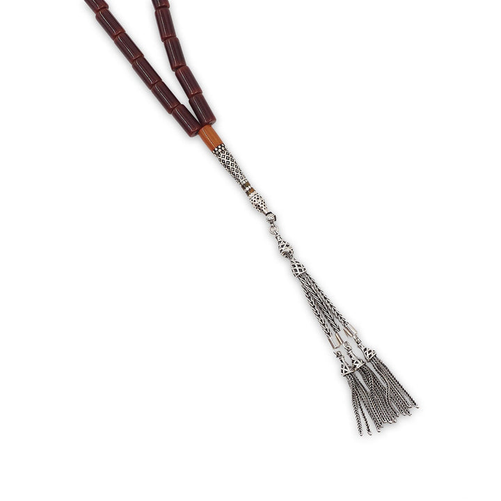 Mastercrafted Pressed Amber Tasbeeh with Fire Amber Imam Bead and Silver Details Tasbeeh - WATD1077