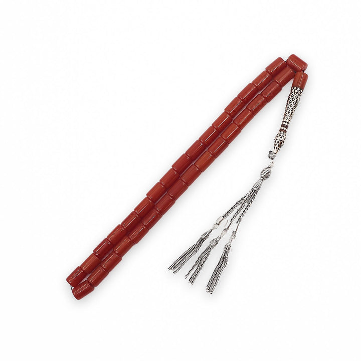 Mastercrafted Pressed Amber Tasbeeh with Fire Amber Imam Bead and Silver Details Tasbeeh - WATD1078