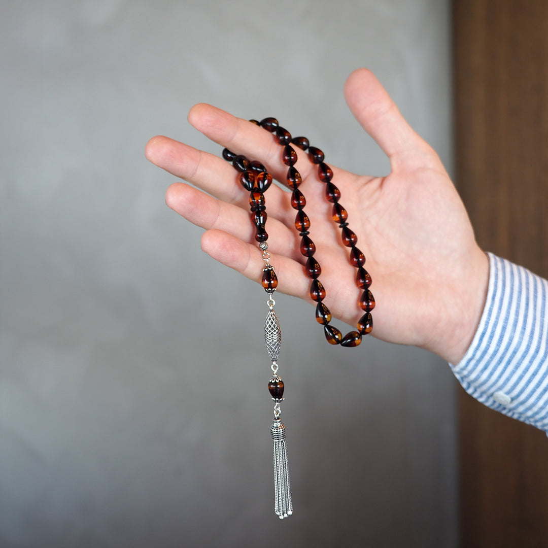 Handcrafted Graded Pressed Fire Amber Tasbeeh Silver Tassel – WATD127