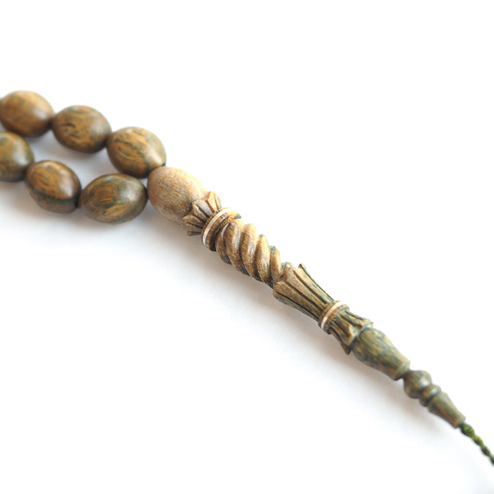 Green Rosewood Tasbeeh with Hand-Carved Imam &amp; Hitame, Silver Wrap Workmanship, Hand-Polished – WATD231