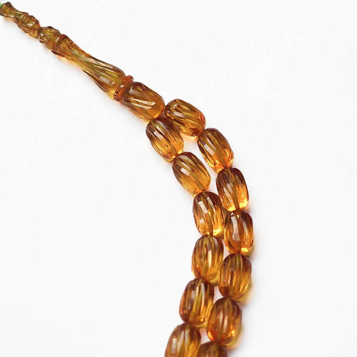 Pressed Amber Prayer Beads with Faceted, Pencil-Carved Design – WATD243