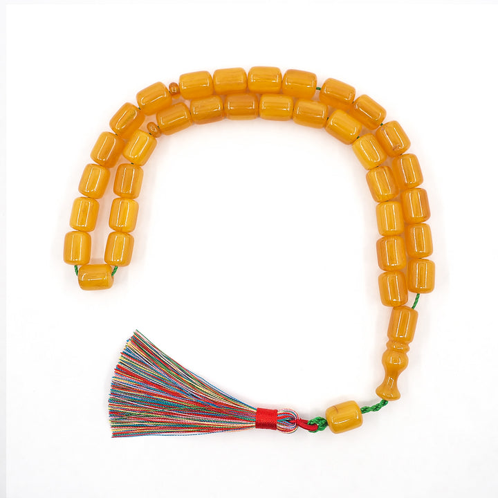 Capsule Cut Yellow Pressed Amber Tasbeeh with Multicolor Tassel – WATD353