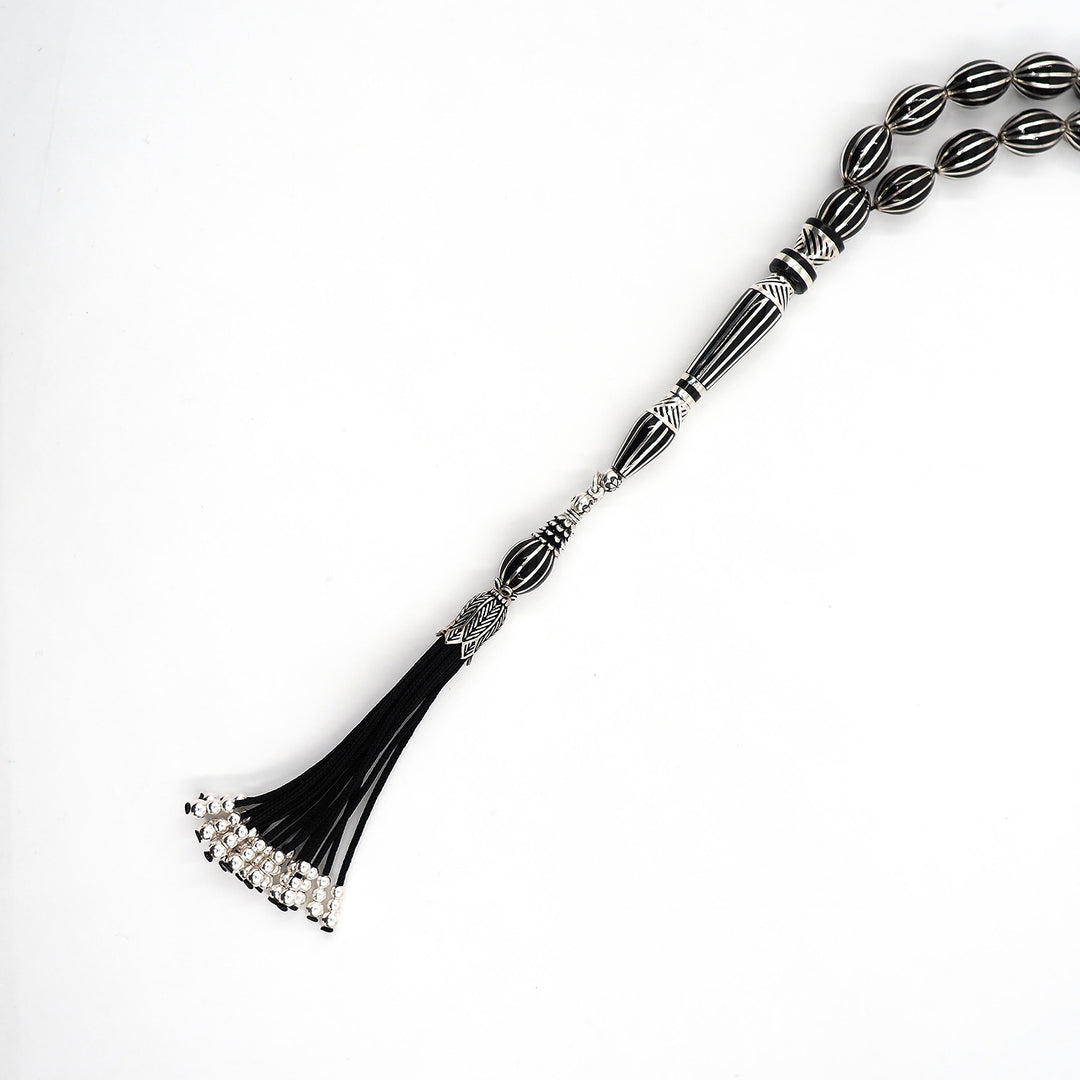 Master-Crafted Genuine Oltu Stone Tasbeeh with Oval Cut and Silver Inlay – WATD363