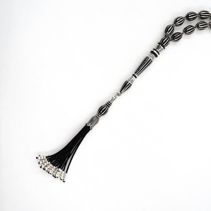 Master-Crafted Genuine Oltu Stone Tasbeeh with Oval Cut and Silver Inlay – WATD363