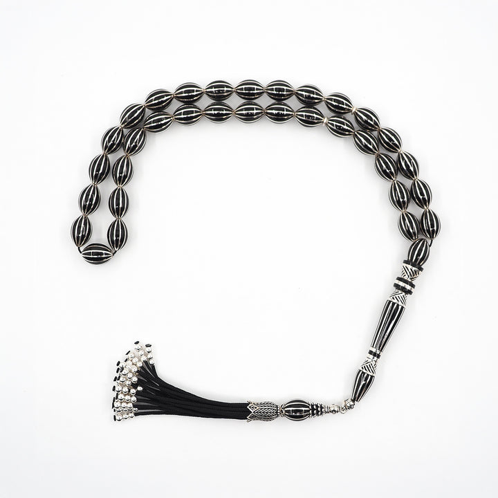 Master-Crafted Genuine Oltu Stone Tasbeeh with Oval Cut and Silver Inlay – WATD363