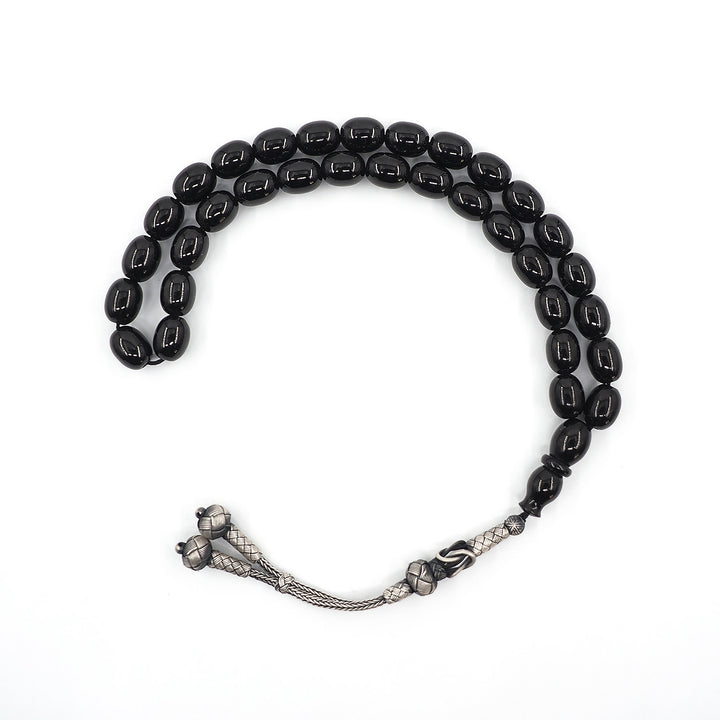 Premium Plain Oltu Stone Tasbeeh Featuring an Antique-Style Silver Kazaz Tassel – WATD401