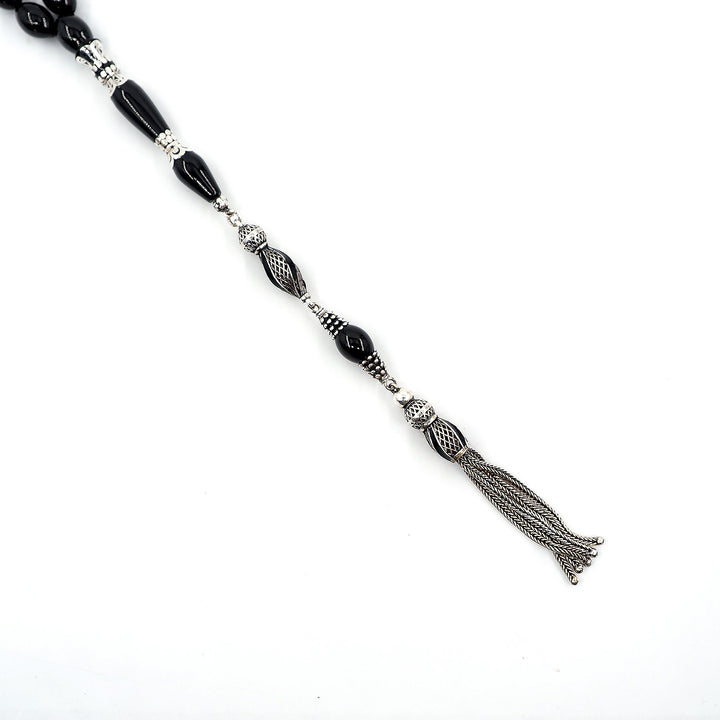 Premium Oltu Stone Tasbeeh Featuring Oval Cut Beads &amp; Silver-Engraved Tassel – WATD402