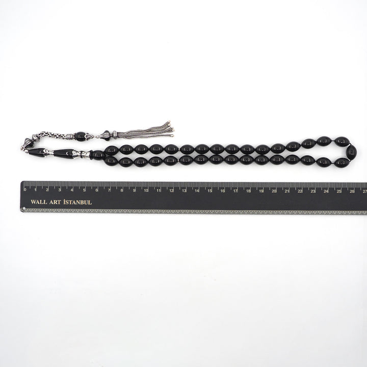Premium Oltu Stone Tasbeeh Featuring Oval Cut Beads &amp; Silver-Engraved Tassel – WATD407