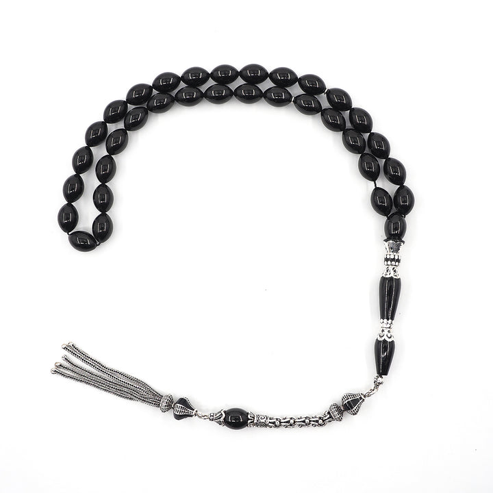 Premium Oltu Stone Tasbeeh Featuring Oval Cut Beads &amp; Silver-Engraved Tassel – WATD407
