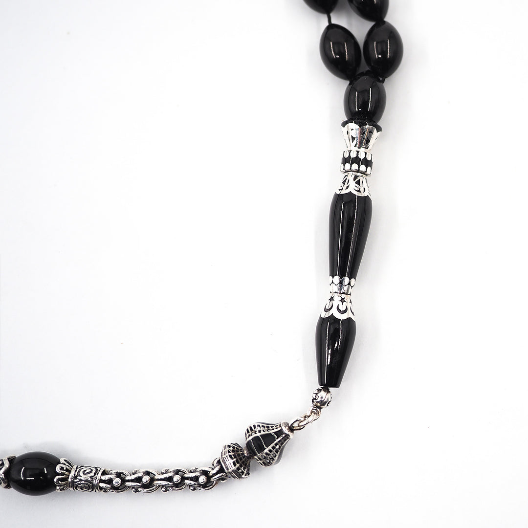 Premium Oltu Stone Tasbeeh Featuring Oval Cut Beads &amp; Silver-Engraved Tassel – WATD407