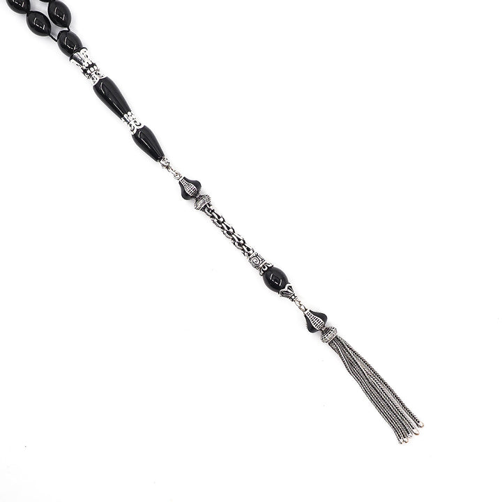 Premium Oltu Stone Tasbeeh Featuring Oval Cut Beads &amp; Silver-Engraved Tassel – WATD407