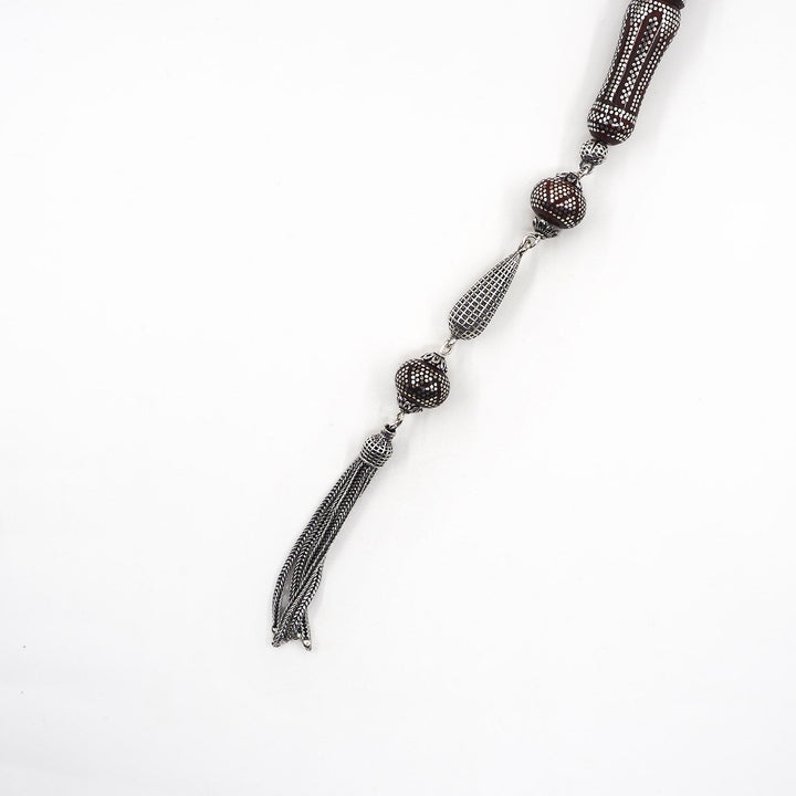 Master Crafted Silver Inlaid Wheel Cut Kuka Wood Tasbeeh (with Silver Tassel &amp; Special Box) - WATD487