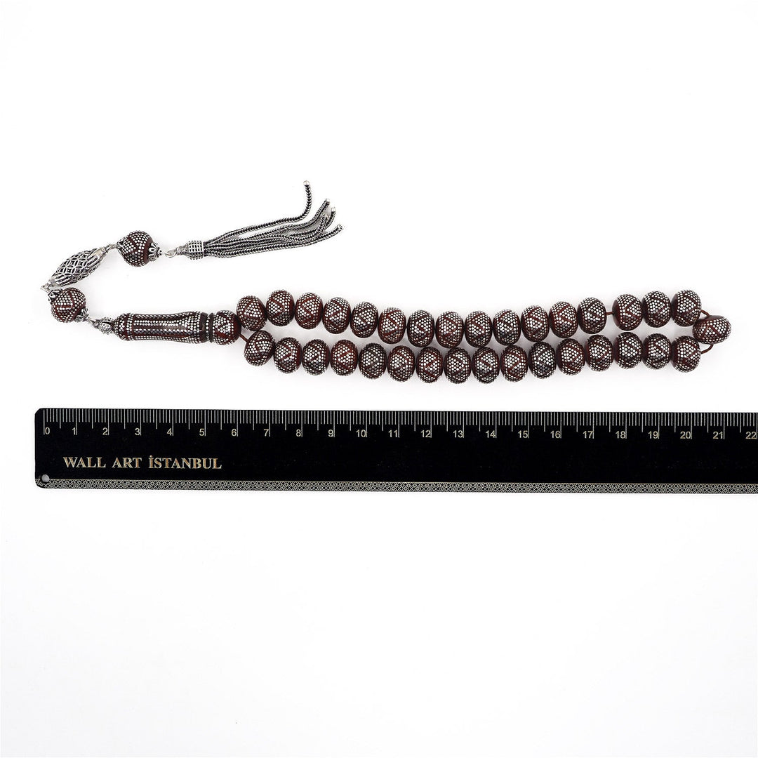Master Crafted Silver Inlaid Wheel Cut Kuka Wood Tasbeeh (with Silver Tassel &amp; Special Box) - WATD488