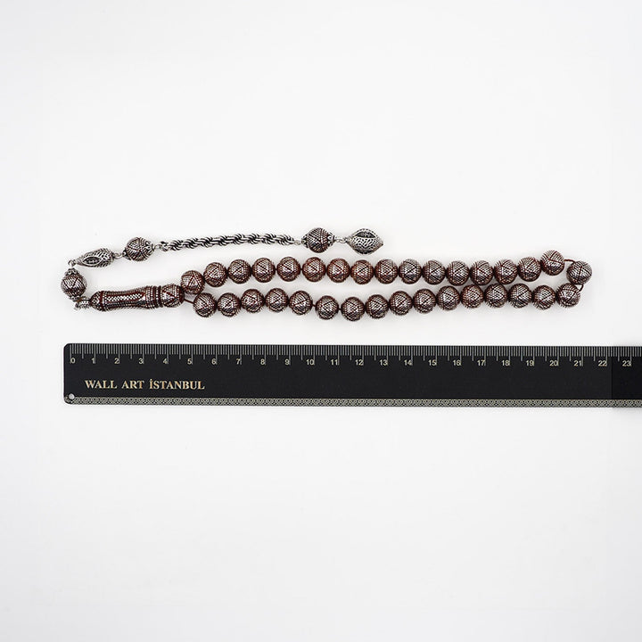 Master Crafted Silver Inlaid Round Cut Kuka Wood Tasbeeh (with Silver Tassel &amp; Special Box) - WATD490