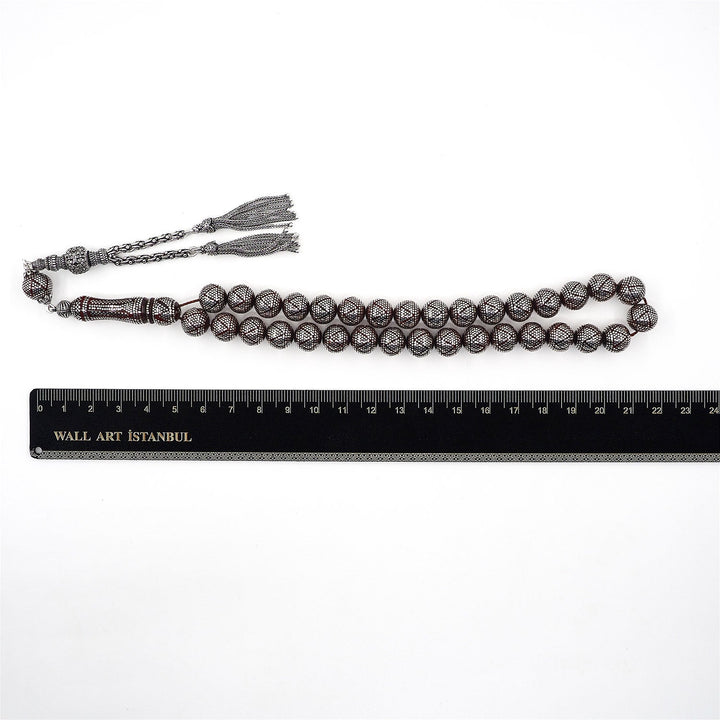 Master Crafted Silver Inlaid Round Cut Kuka Wood Tasbeeh (with Silver Tassel &amp; Special Box) - WATD492