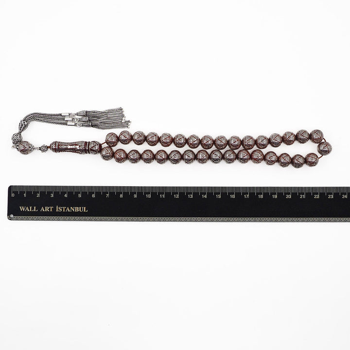 Master Crafted Silver Inlaid Round Cut Kuka Wood Tasbeeh (with Silver Tassel &amp; Special Box) - WATD493