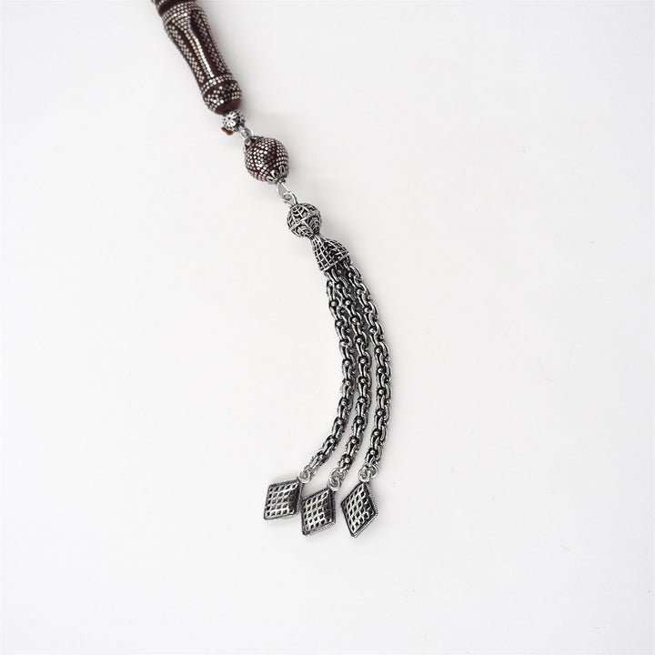 Master Crafted Silver Inlaid Round Cut Kuka Wood Tasbeeh (with Silver Tassel &amp; Special Box) - WATD494