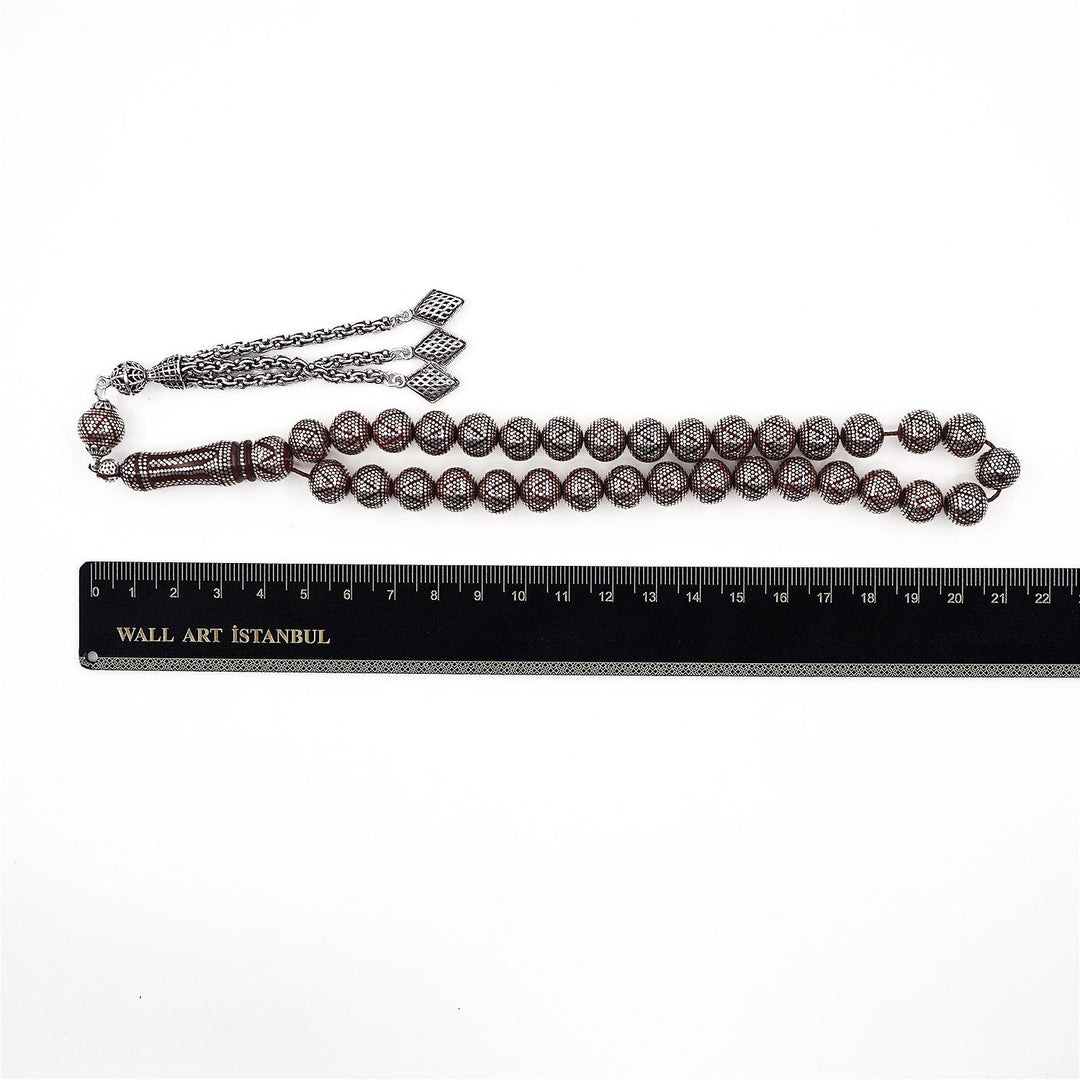 Master Crafted Silver Inlaid Round Cut Kuka Wood Tasbeeh (with Silver Tassel &amp; Special Box) - WATD494
