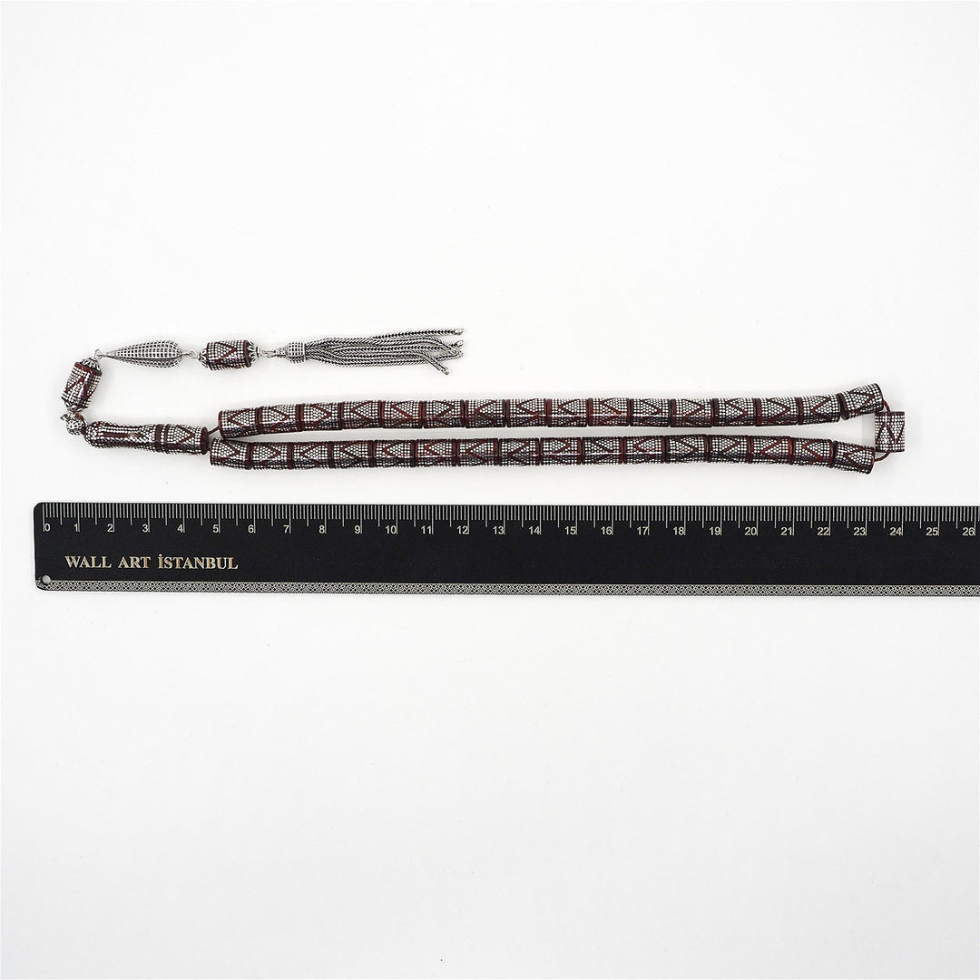 Master Crafted Silver Inlaid Faceted Cut Kuka Wood Tasbeeh (with Silver Tassel &amp; Special Box) - WATD495