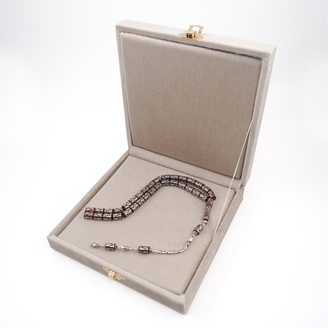 Master Crafted Silver Inlaid Faceted Cut Kuka Wood Tasbeeh (with Silver Tassel &amp; Special Box) - WATD497