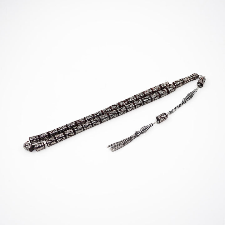 Master Crafted Silver Inlaid Faceted Cut Kuka Wood Tasbeeh (with Silver Tassel &amp; Special Box) - WATD498