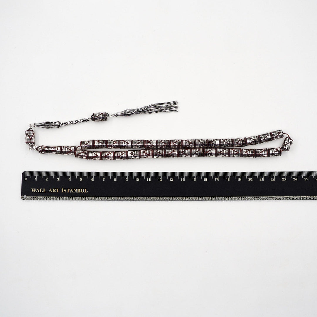 Master Crafted Silver Inlaid Faceted Cut Kuka Wood Tasbeeh (with Silver Tassel &amp; Special Box) - WATD498