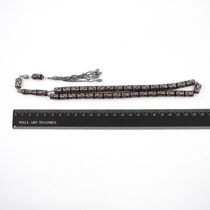 Master Crafted Silver Inlaid Faceted Cut Kuka Wood Tasbeeh (with Silver Tassel &amp; Special Box) - WATD499