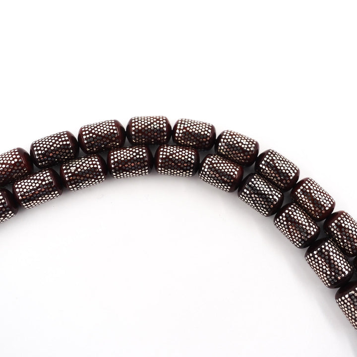 Silver Inlaid Capsule Cut Kuka Wood Tasbeeh (with Silver Tassel &amp; Special Box) - WATD501