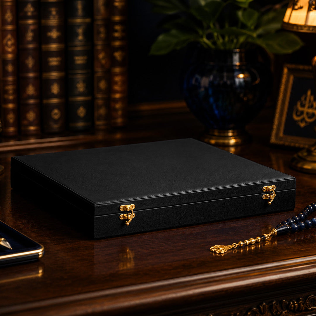 Exclusive Black Leather-Covered Wooden Tasbeeh Case (For up to 21 Tasbeehs) - WATD505