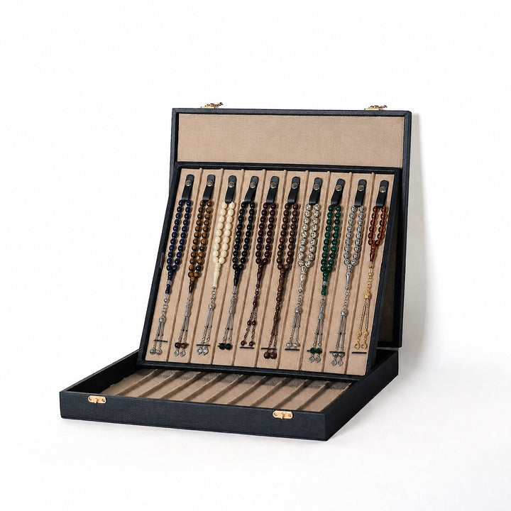 Exclusive Black Leather-Covered Wooden Tasbeeh Case (For up to 21 Tasbeehs) - WATD505