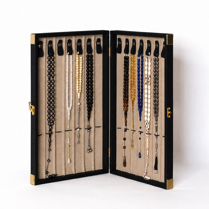 Exclusive Black Leather-Covered Wooden Tasbeeh Case (For up to 14 Tasbeehs) - WATD506
