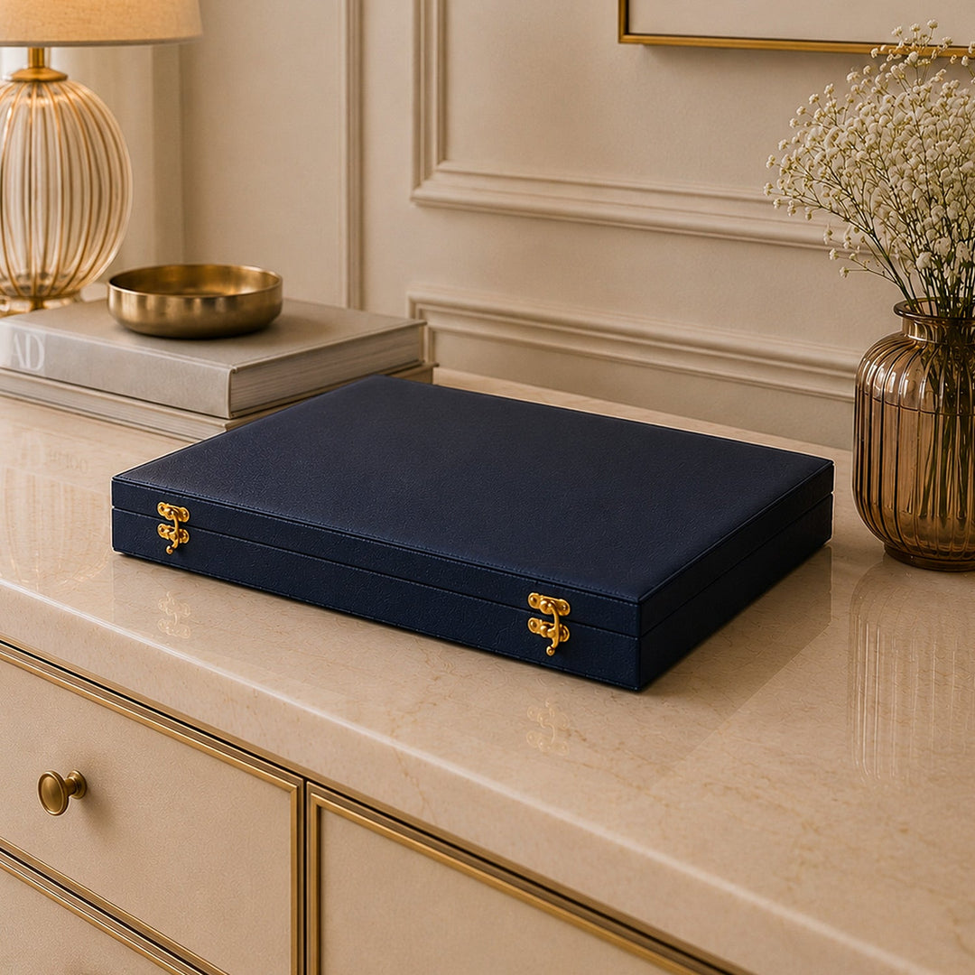 Exclusive Navy Blue Leather-Covered Wooden Tasbeeh Case (For up to 11 Tasbeehs) - WATD507