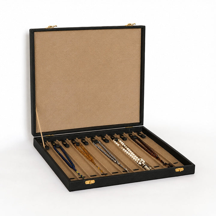 Exclusive Black Leather-Covered Wooden Tasbeeh Case (For up to 11 Tasbeehs) - WATD507