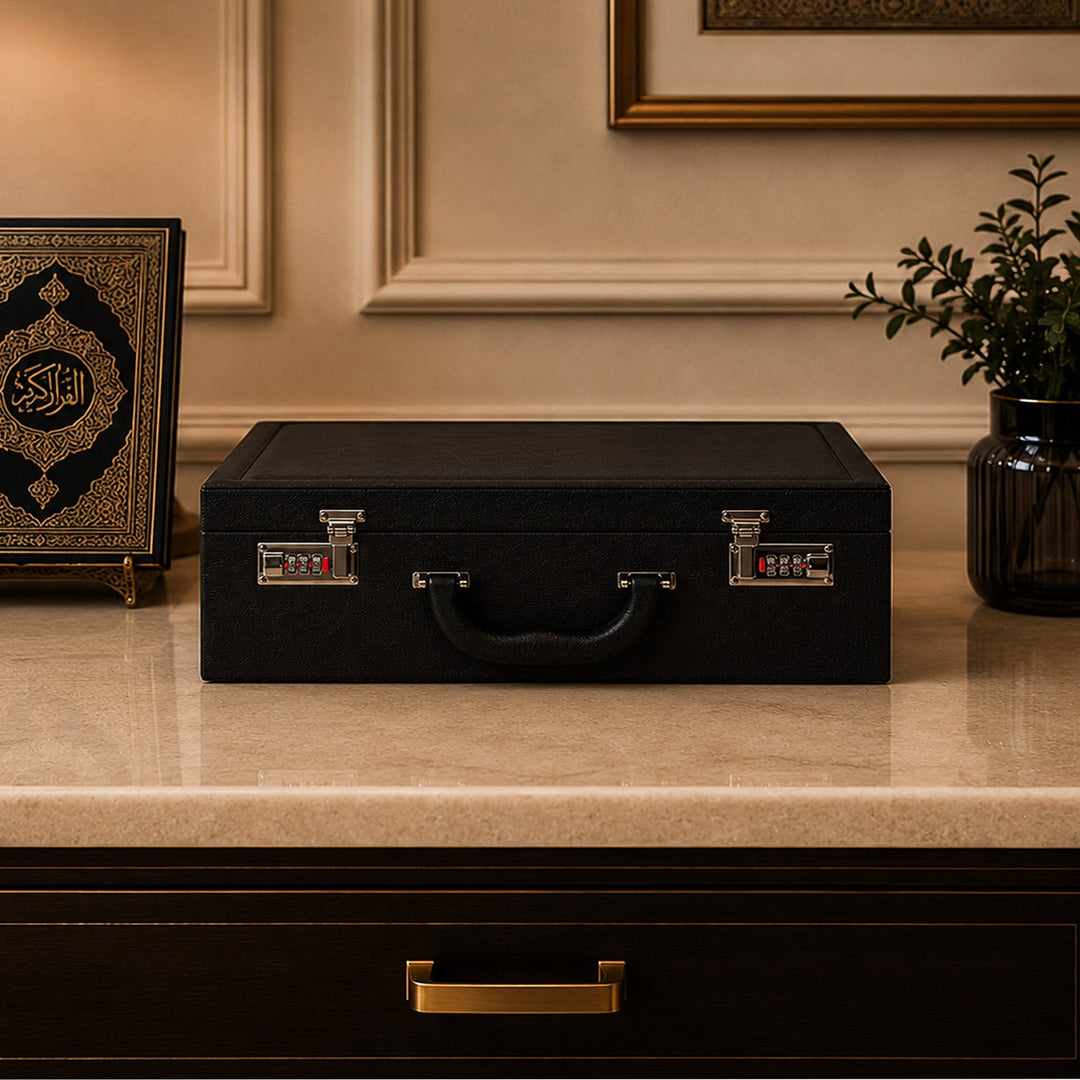Exclusive Black Leather-Covered Wooden Tasbeeh Case (For up to 114 Tasbeehs) - WATD508