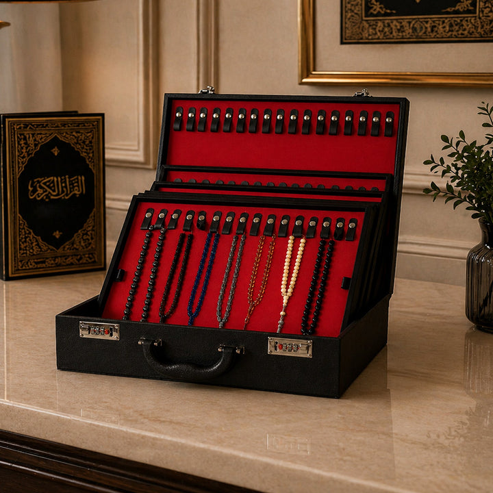 Exclusive Black Leather-Covered Wooden Tasbeeh Case (For up to 114 Tasbeehs) - WATD508