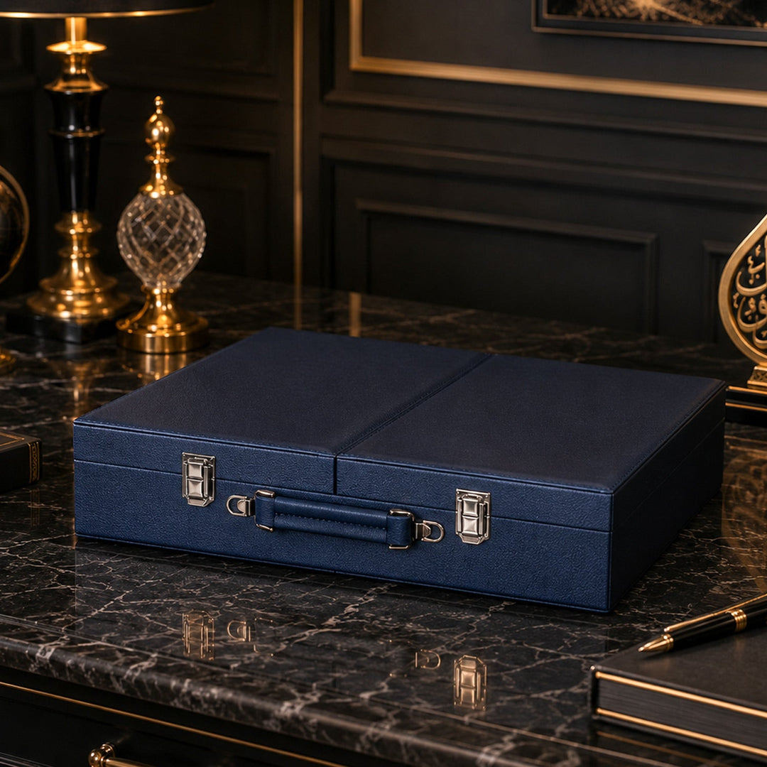 Exclusive Navy Blue Leather-Covered Wooden Tasbeeh Case (For up to 67 Tasbeehs) - WATD511