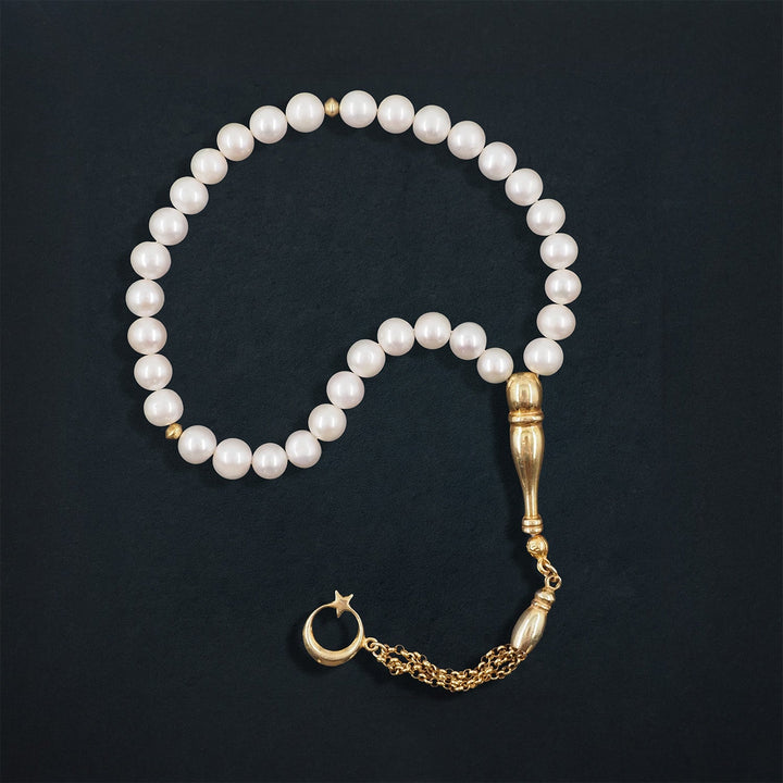 Genuine Pearl Tasbeeh with Crescent & Star Theme and Gold-Plated 925 Sterling Silver Tassel - WATD651