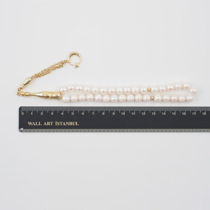 Genuine Pearl Tasbeeh with Crescent & Star Theme and Gold-Plated 925 Sterling Silver Tassel - WATD651