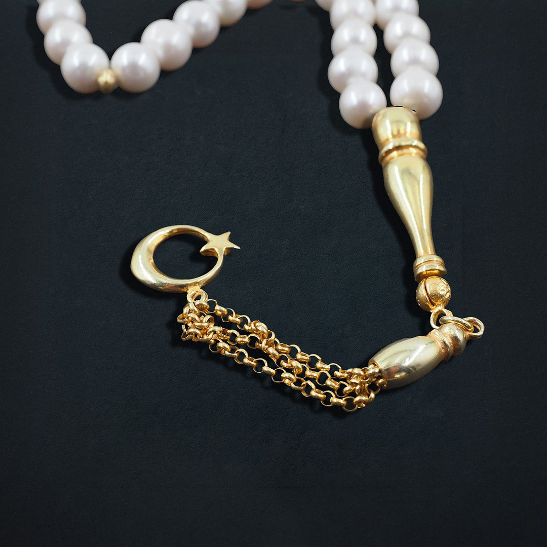 Genuine Pearl Tasbeeh with Crescent & Star Theme and Gold-Plated 925 Sterling Silver Tassel - WATD651