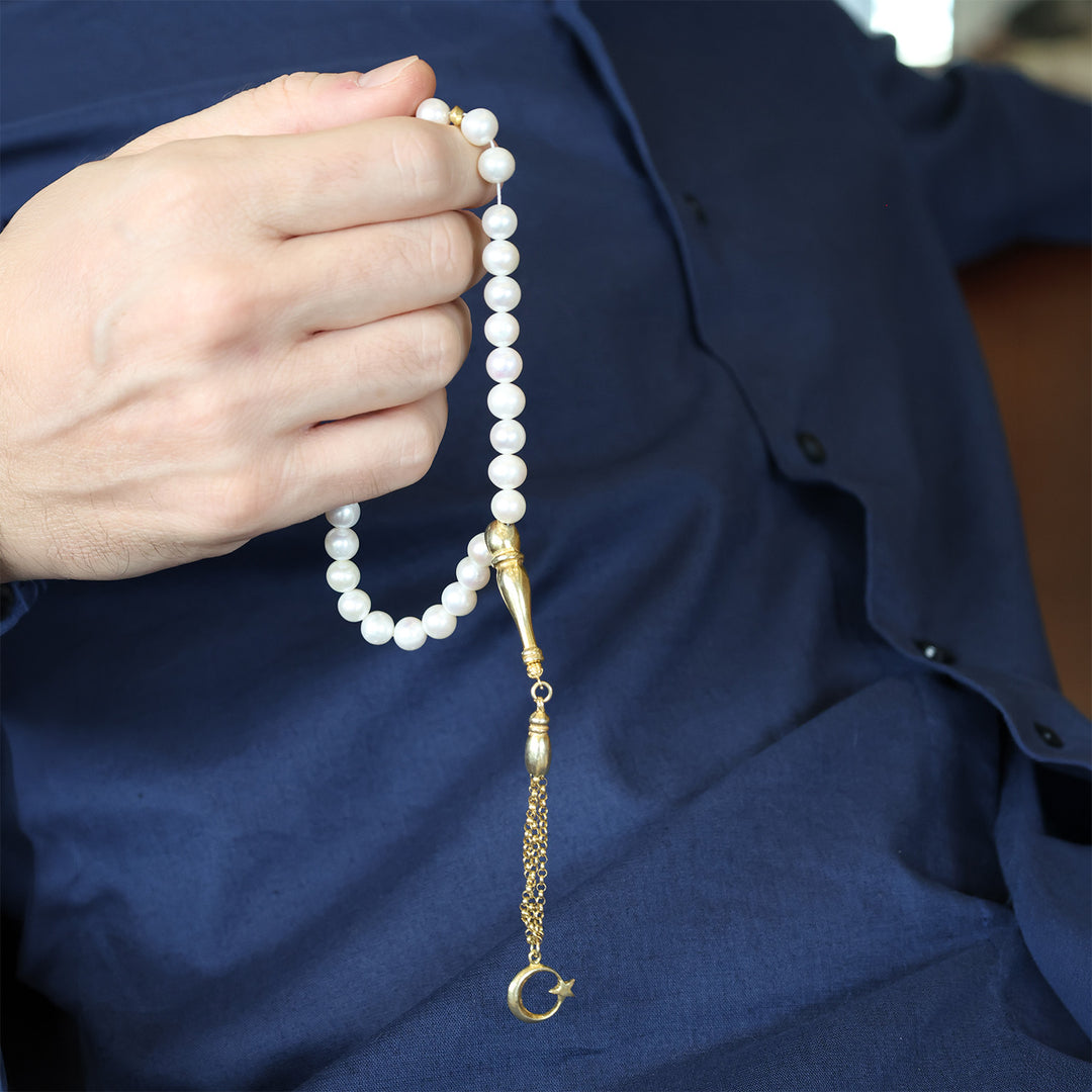 Genuine Pearl Tasbeeh with Crescent &amp; Star Theme and Gold-Plated 925 Sterling Silver Tassel - WATD651