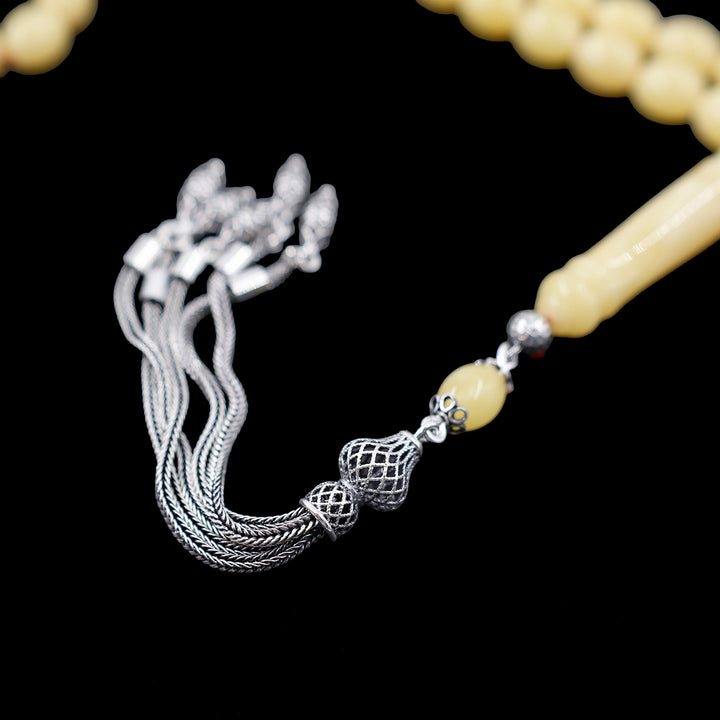 Premium Natural Baltic Amber Capsule Cut Silver Tassel Tasbeeh - WATD670